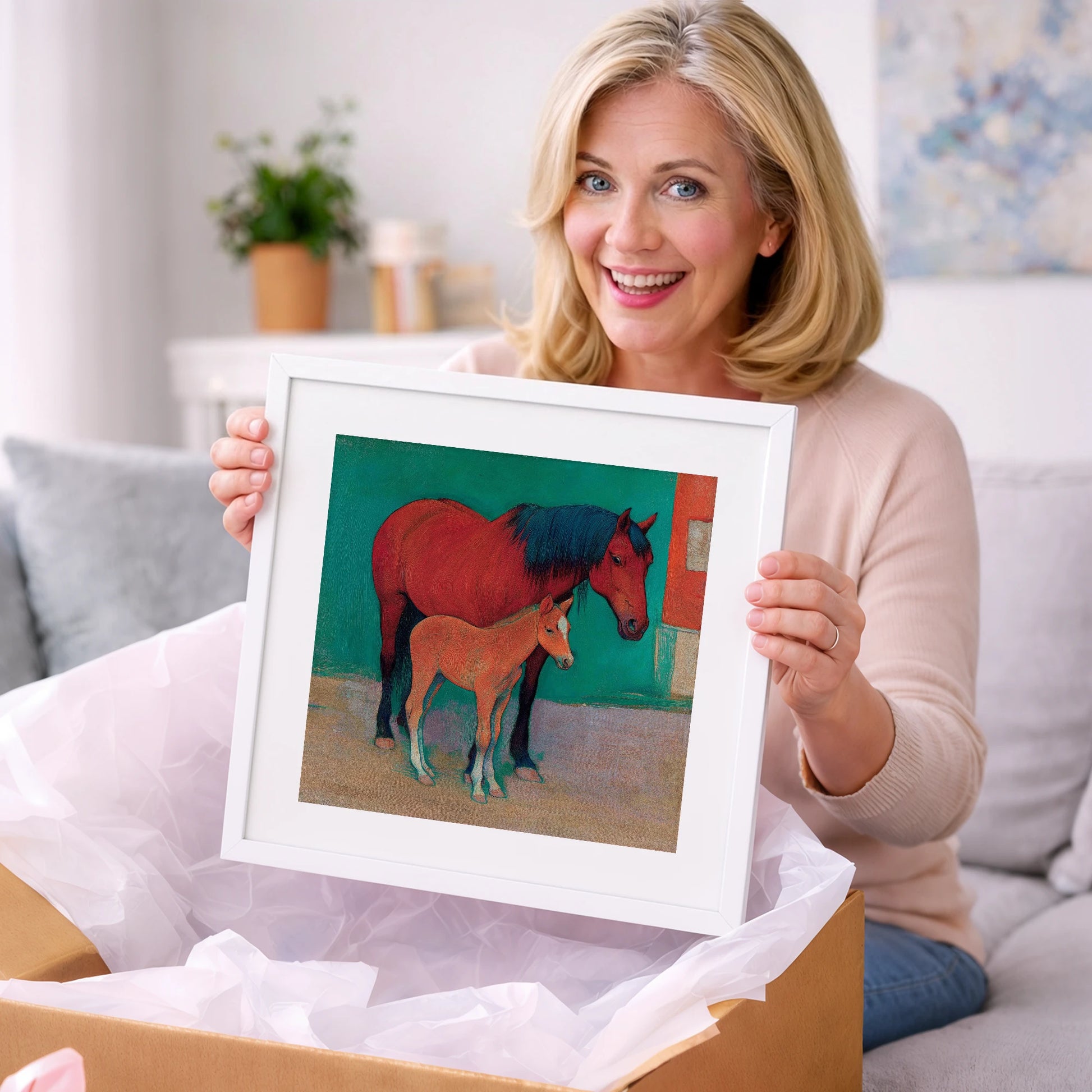Crimson Mare and Foal - mare & foal art gift idea for horse lovers