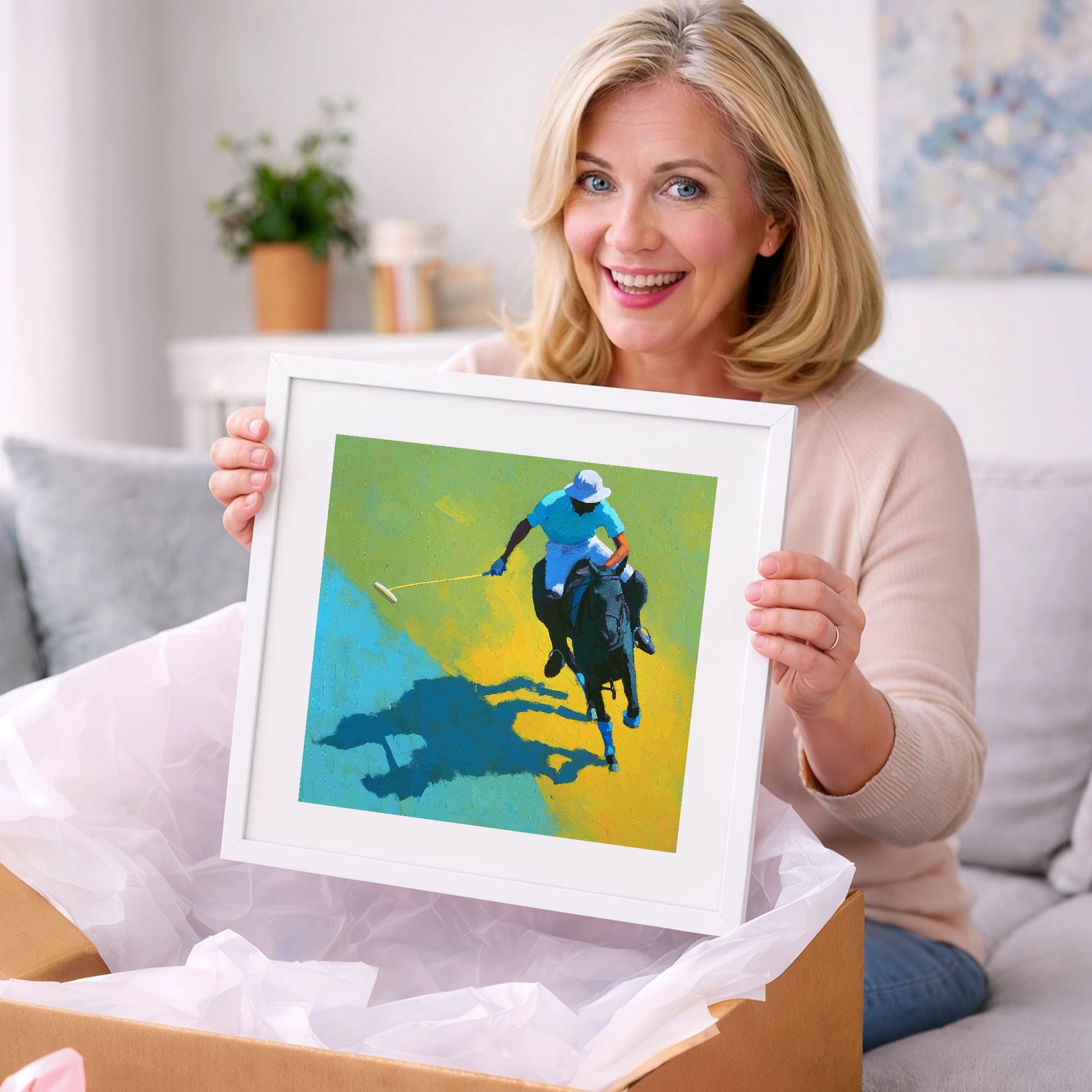Sunlit Polo Pursuit - polo horse art gift idea for horse lovers