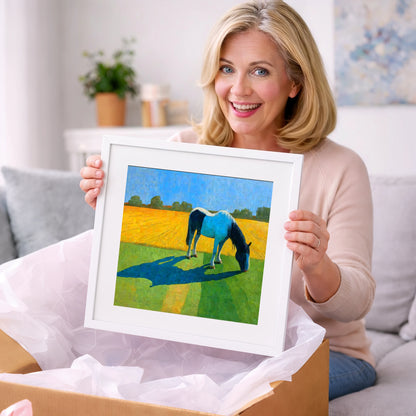 Sunlit Piebald Grazer - working horse art gift idea for horse lovers