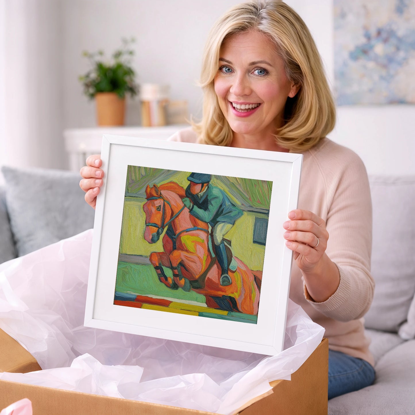 Clearing the Coloureds - show jumping horse art gift idea for horse lovers