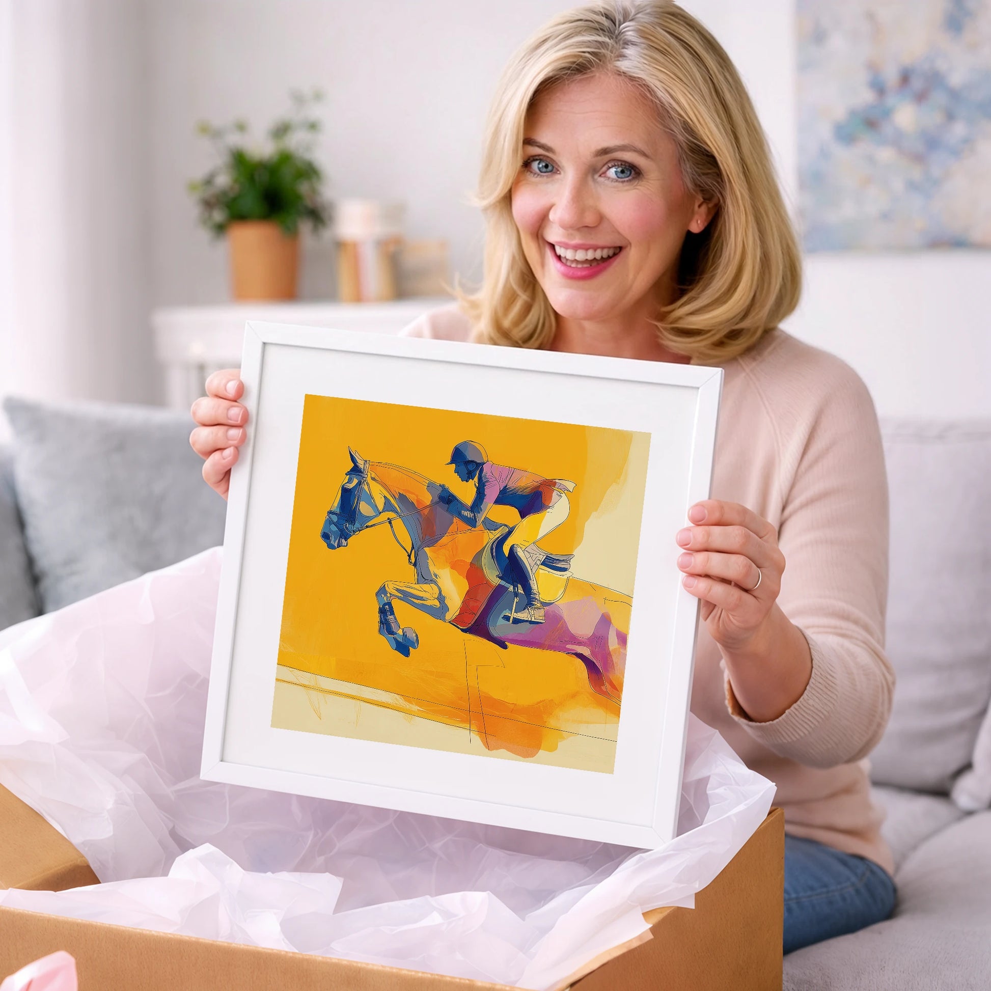 Vivid Golden Flight - show jumping horse art gift idea for horse lovers