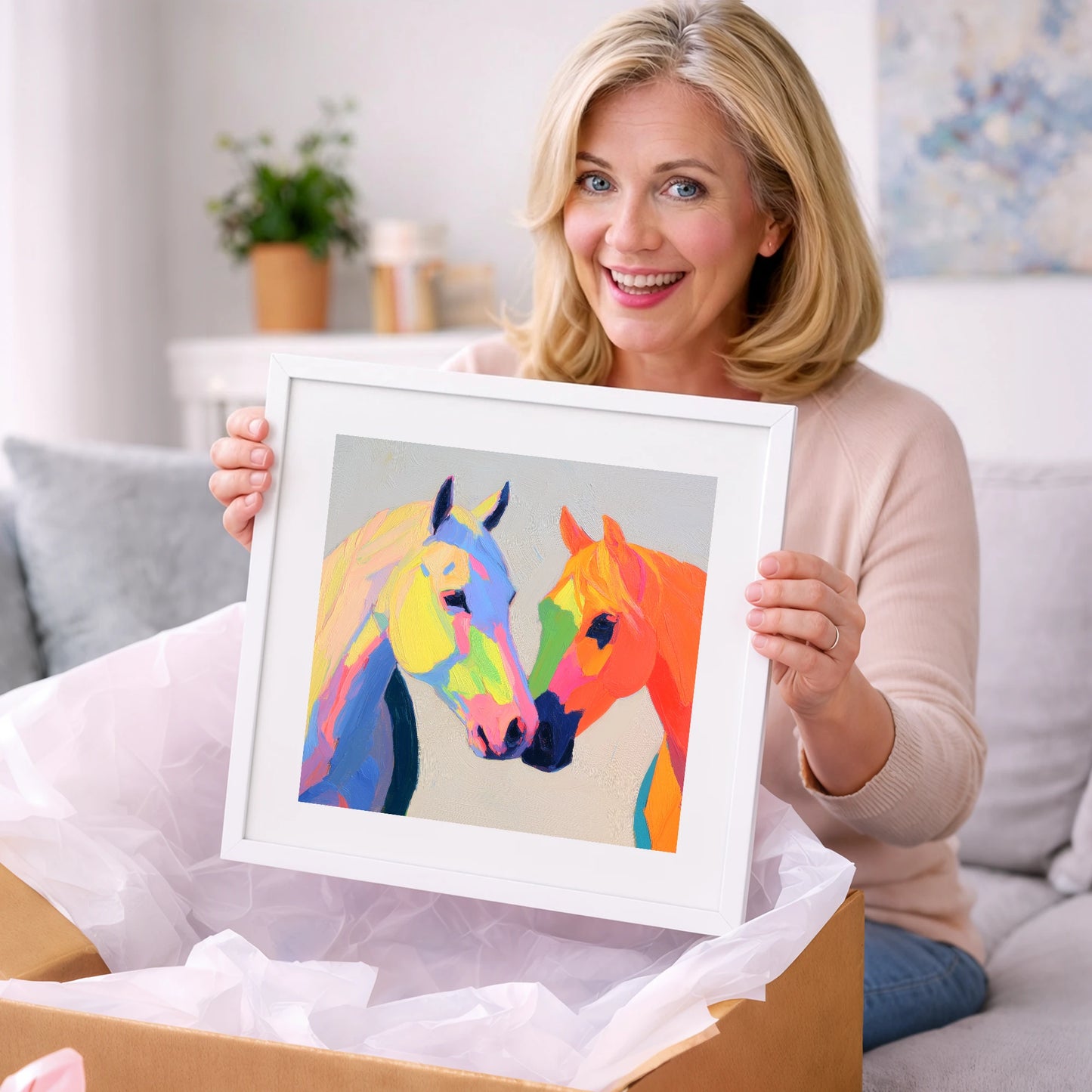 Technicolour Companions - horse portrait art gift idea for horse lovers