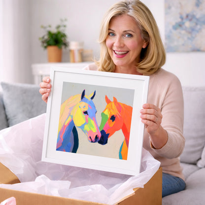 Technicolour Companions - horse portrait art gift idea for horse lovers