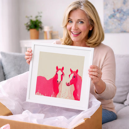 Vivid Pink Companions - horse landscape art gift idea for horse lovers