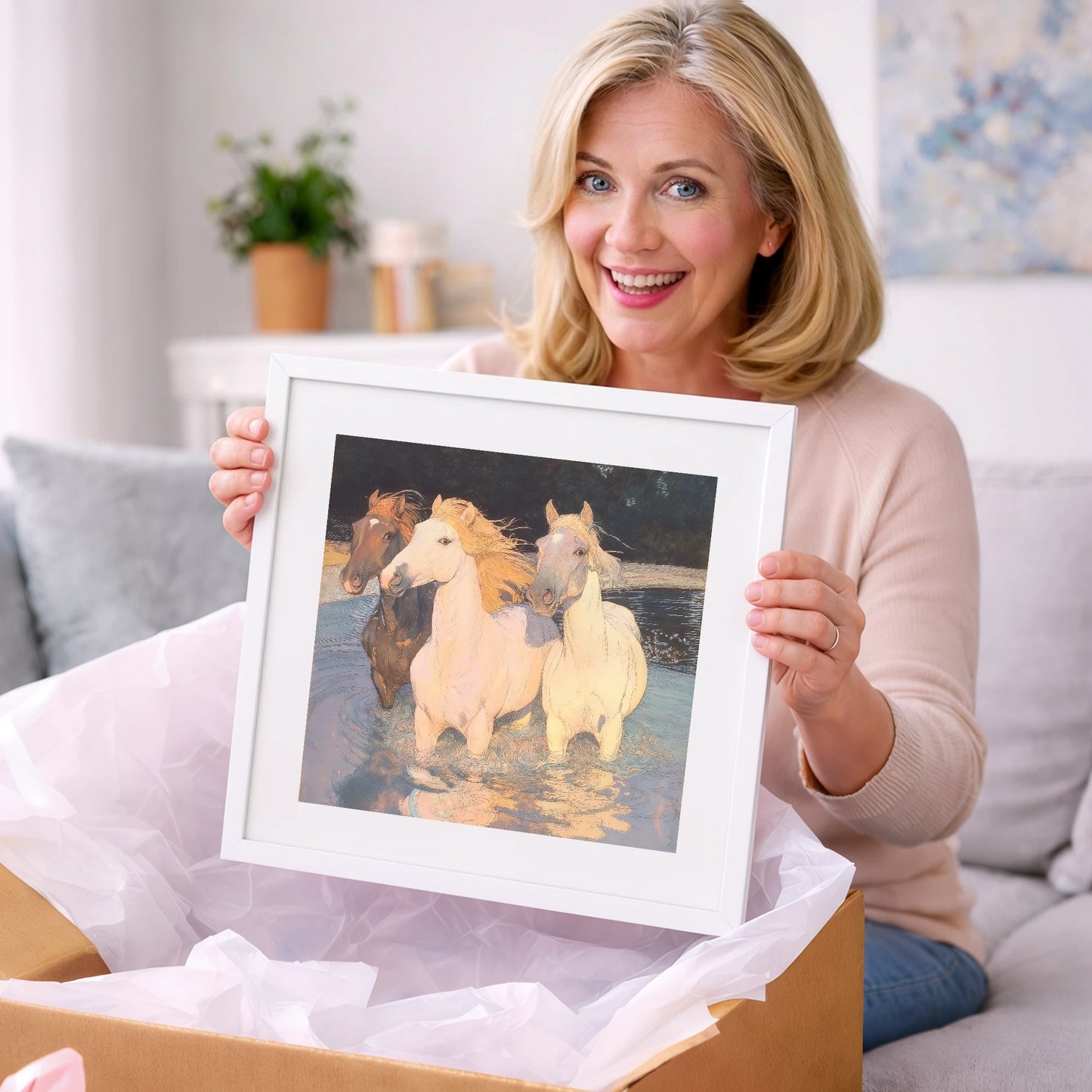 Three in the Shallows - wild horses art gift idea for horse lovers