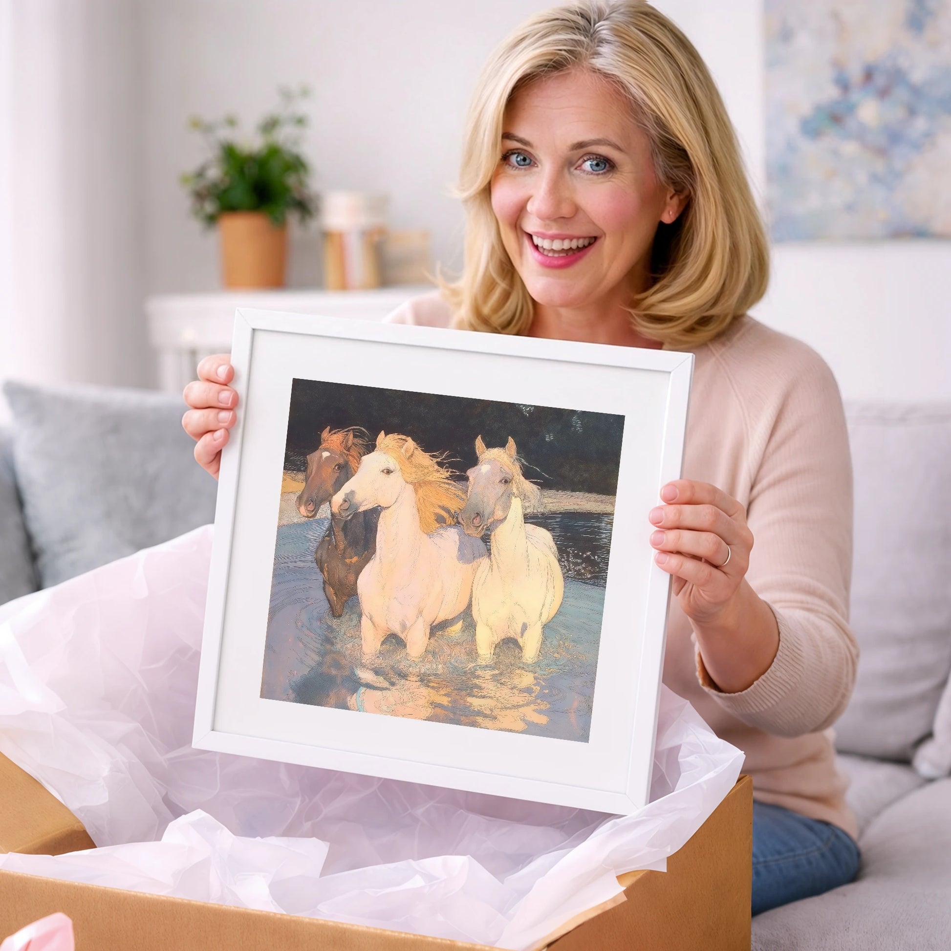 Three in the Shallows - wild horses art gift idea for horse lovers