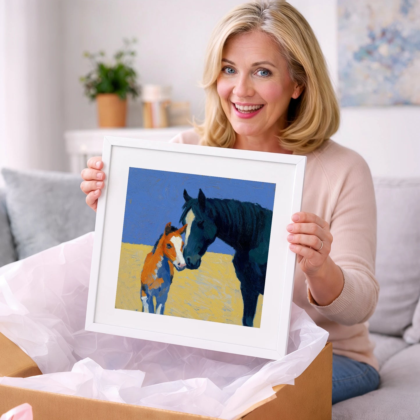Sun-Drenched Bond - mare & foal art gift idea for horse lovers