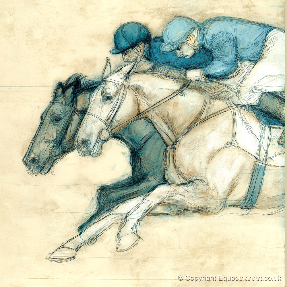 Neck and Neck - racing horse art print and canvas by Clara Pemberton A.I