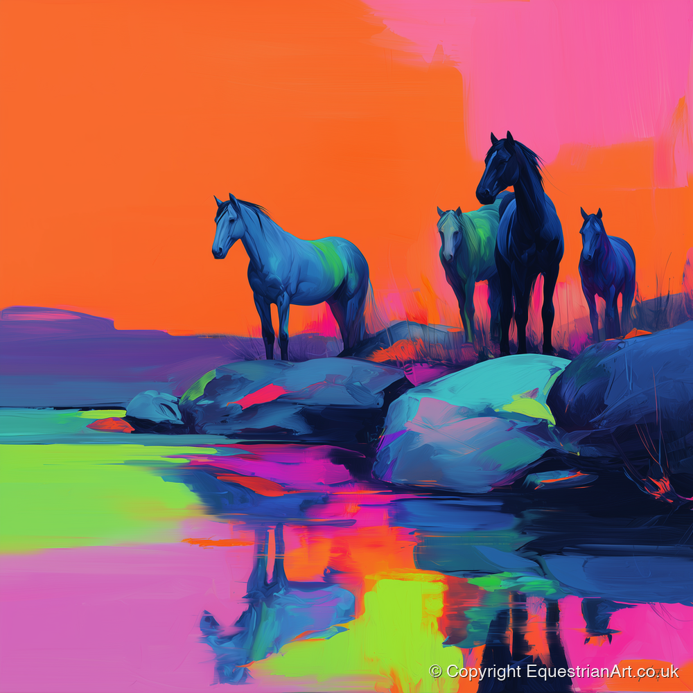 Neon Horizon Horses - wild horses art print and canvas by Lucian Prescott A.I