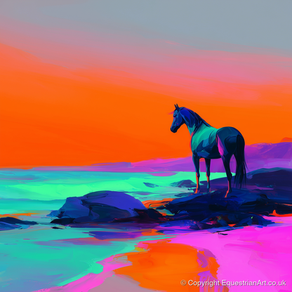 Neon Horizon Vigil - horse landscape art print and canvas by Lucian Prescott A.I