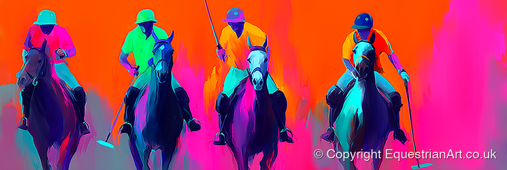 Neon Polo Charge - polo horse art print and canvas by Lucian Prescott A.I