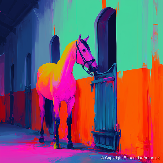 Neon Stable Companion - horse stable art print and canvas by Lucian Prescott A.I