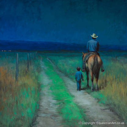 Nightfall Companions - horse & rider art print and canvas by Raymond Shaw A.I