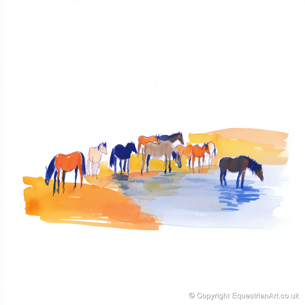Oasis Gathering - wild horses art print and canvas by Maxwell Flynn A.I