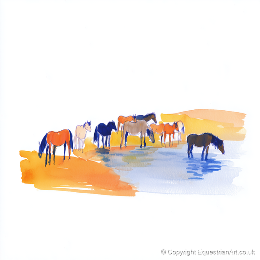Oasis Gathering - wild horses art print and canvas by Maxwell Flynn A.I