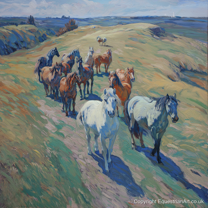 Over the Sunlit Rise - wild horses art print and canvas by Edgar Whitmore A.I