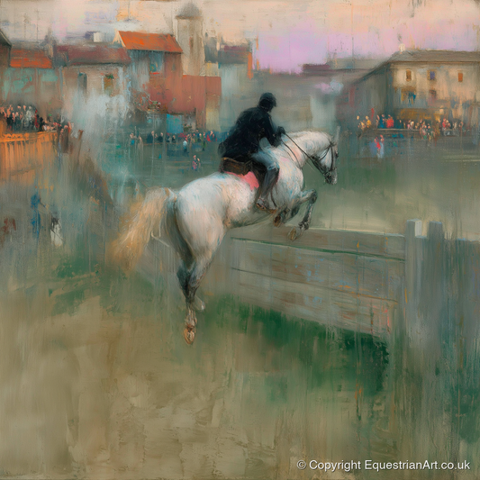 Over the Village Timber - show jumping horse art print and canvas by Nathaniel Reed A.I