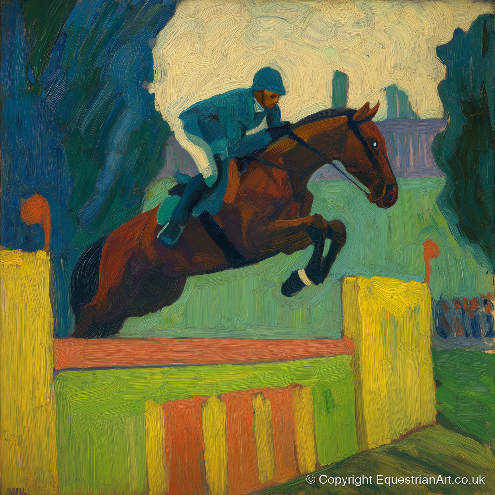 Over the Vivid Wall - show jumping horse art print and canvas by Rowan Sinclair A.I