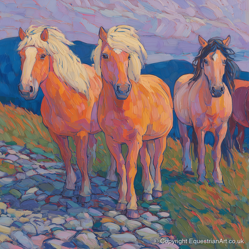 Painted Highland Herd - horse landscape art print and canvas by Celia Harding A.I