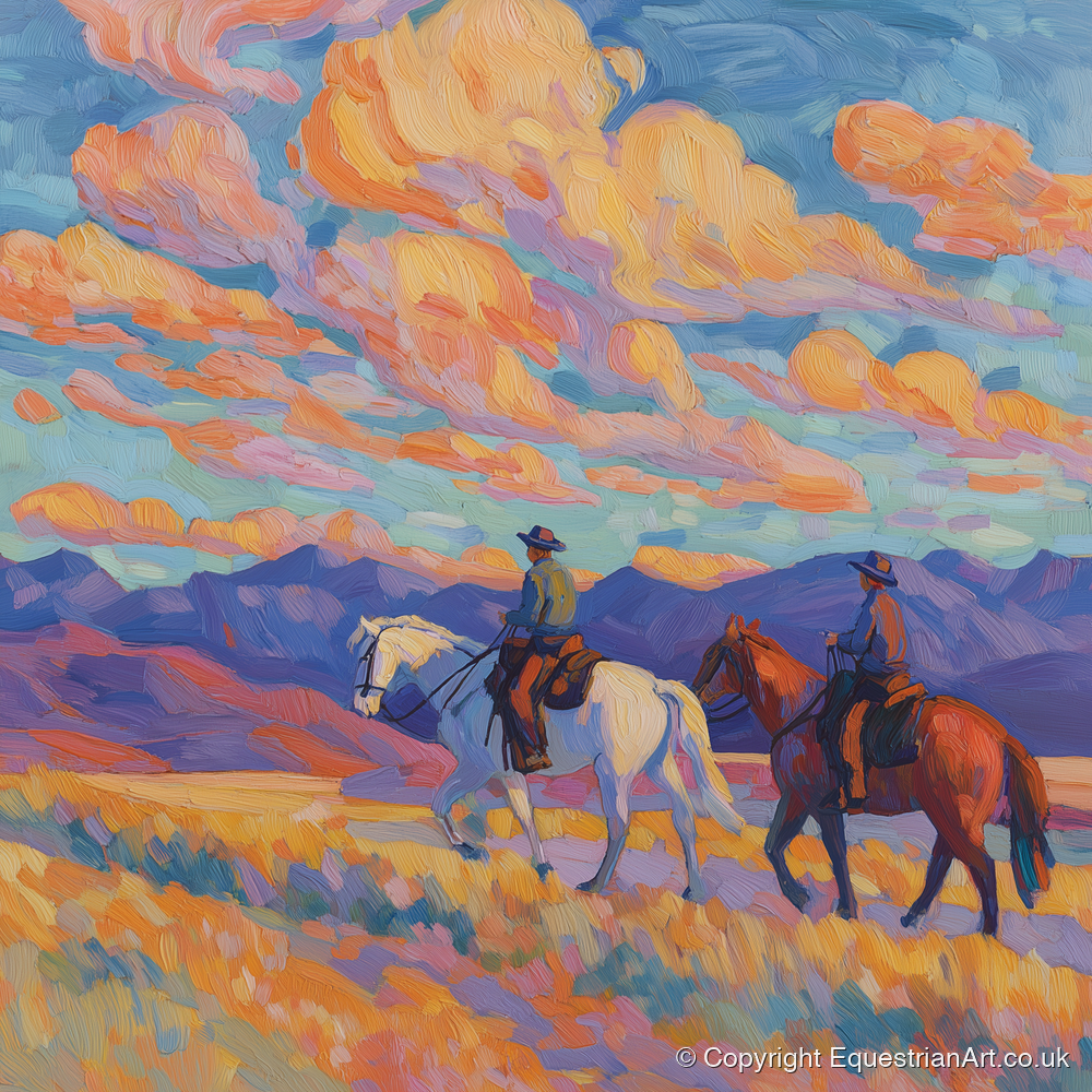 Painted Horizon Riders - horse landscape art print and canvas by Celia Harding A.I