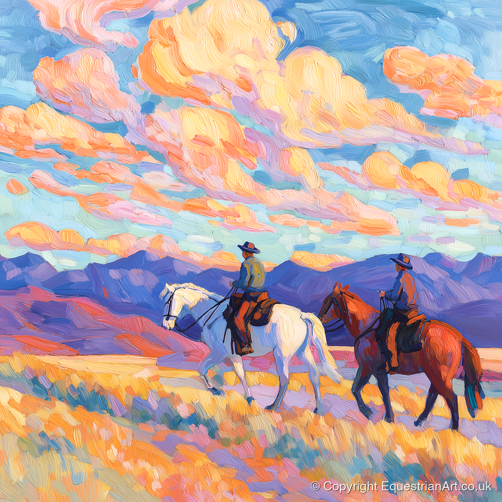 Painted Horizon Riders - horse landscape art print and canvas by Celia Harding A.I