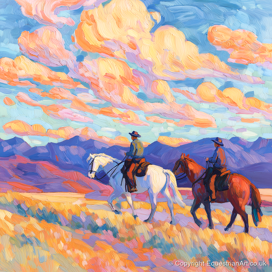 Painted Horizon Riders - horse landscape art print and canvas by Celia Harding A.I
