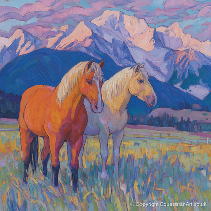 Painted Mountain Pasture - horse landscape art print and canvas by Celia Harding A.I