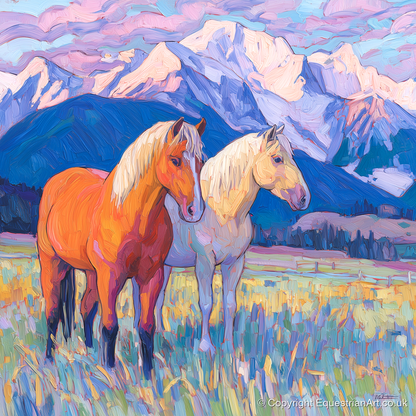 Painted Mountain Pasture - horse landscape art print and canvas by Celia Harding A.I