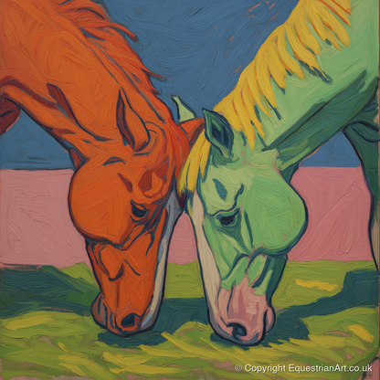Painted Pasture Companions - horse portrait art print and canvas by Mirabel Carlyle A.I