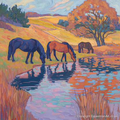Painted Pasture Reflections - horse landscape art print and canvas by Celia Harding A.I