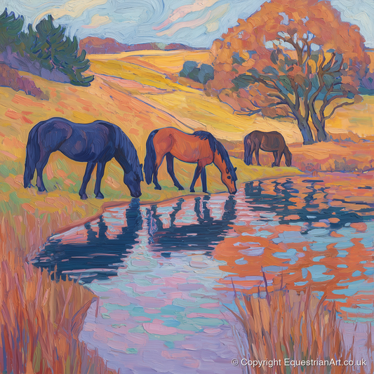 Painted Pasture Reflections - horse landscape art print and canvas by Celia Harding A.I