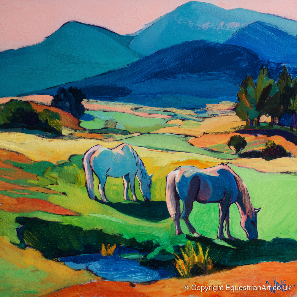 Painted Valley Grazing - horse landscape art print and canvas by Gideon Wright A.I
