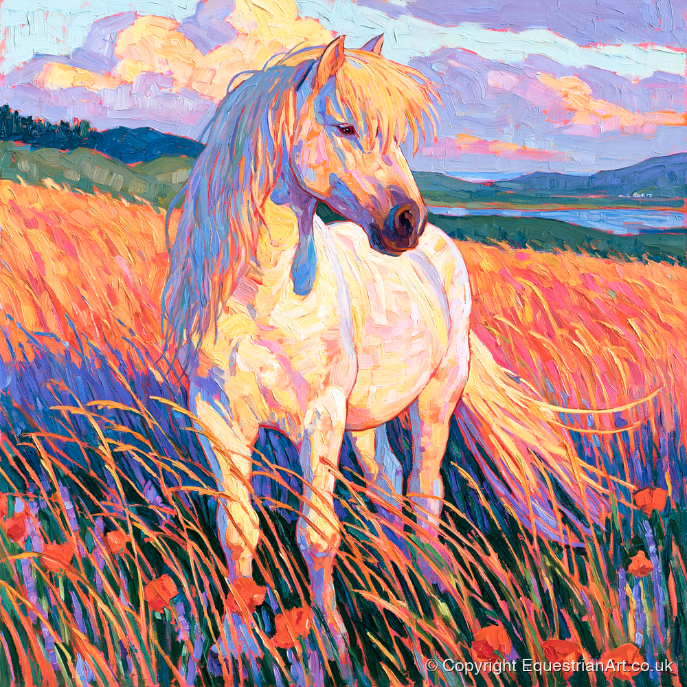 Palomino Pony In Vibrant Meadow - horse breed art print and canvas by Celia Harding A.I
