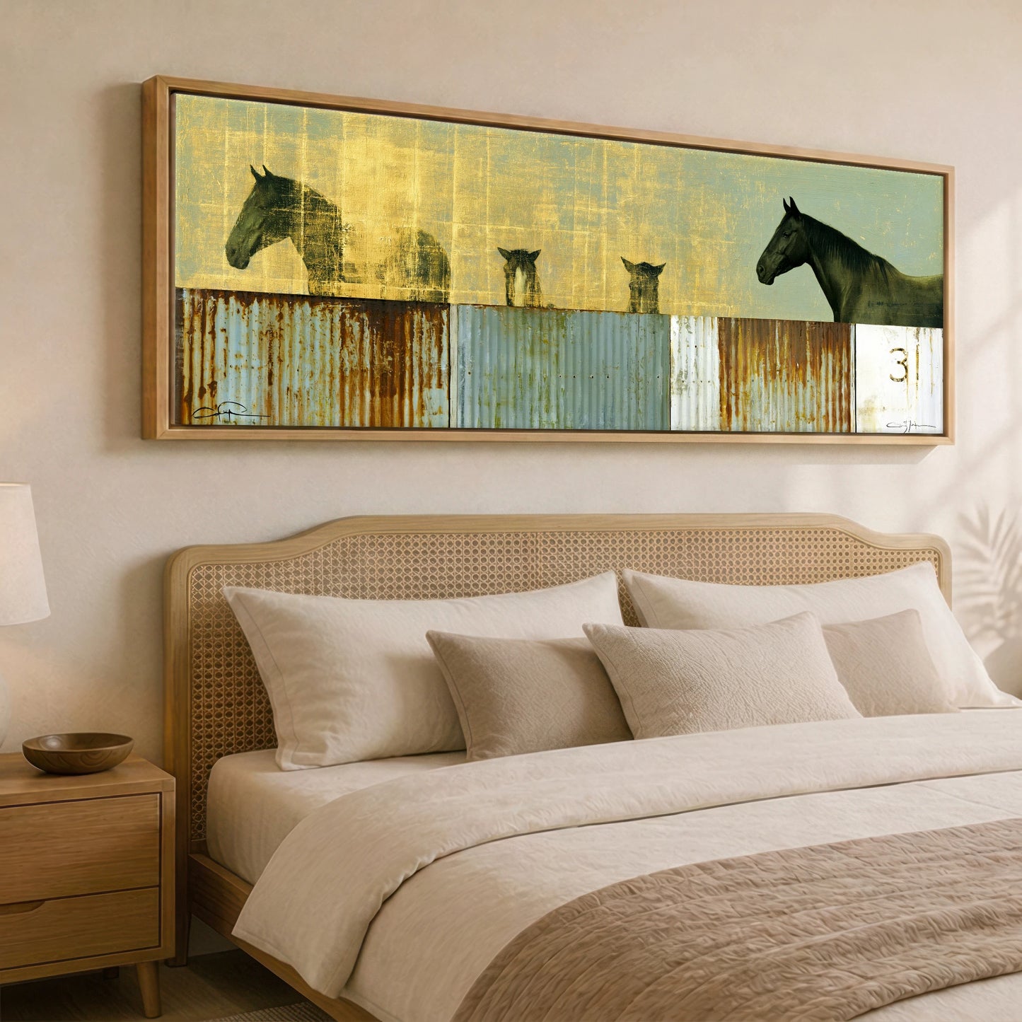 Golden Yard Watch Horse Stable panoramic canvas wall art displayed above a bed