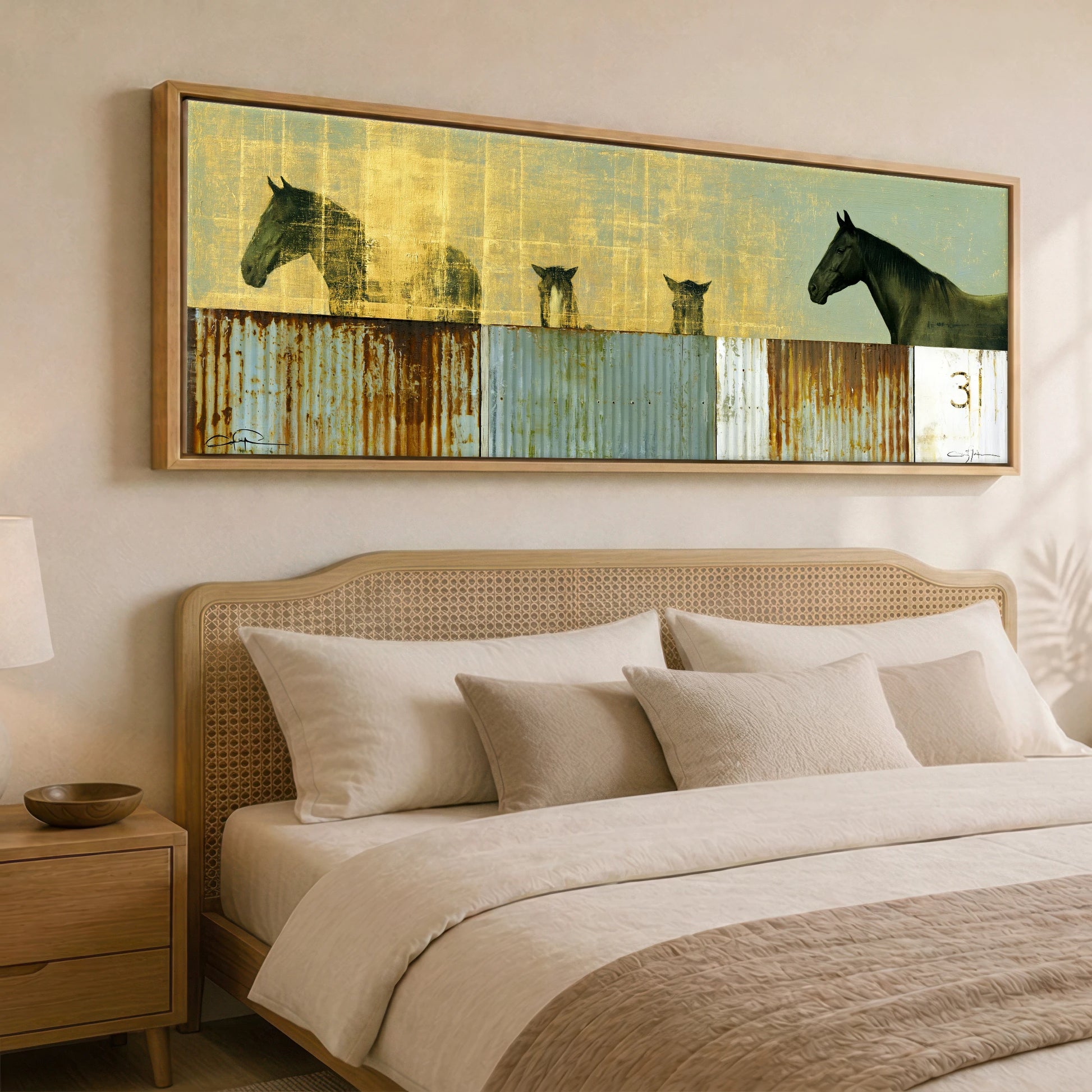 Golden Yard Watch Horse Stable panoramic canvas wall art displayed above a bed
