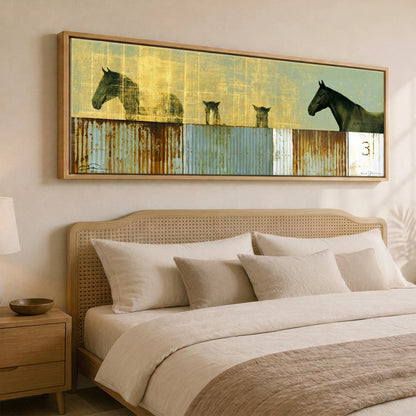 Golden Yard Watch Horse Stable panoramic canvas wall art displayed above a bed
