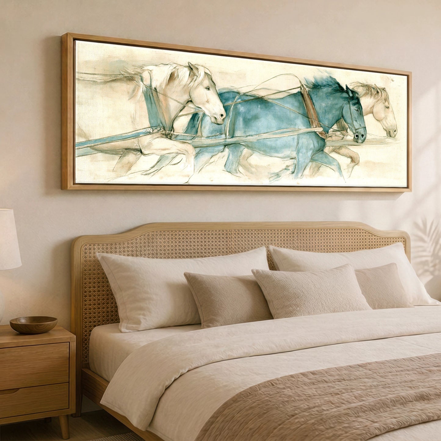 Harnessed Momentum Working Horse panoramic canvas wall art displayed above a bed