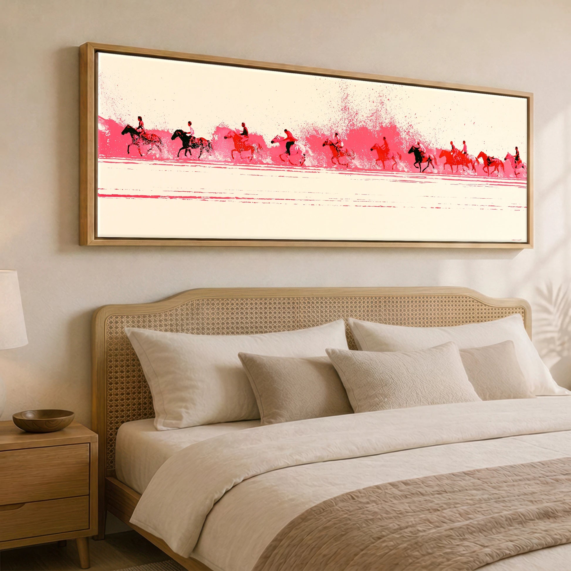 Magenta Surf Gallop Beach Horse panoramic canvas wall art displayed above a bed