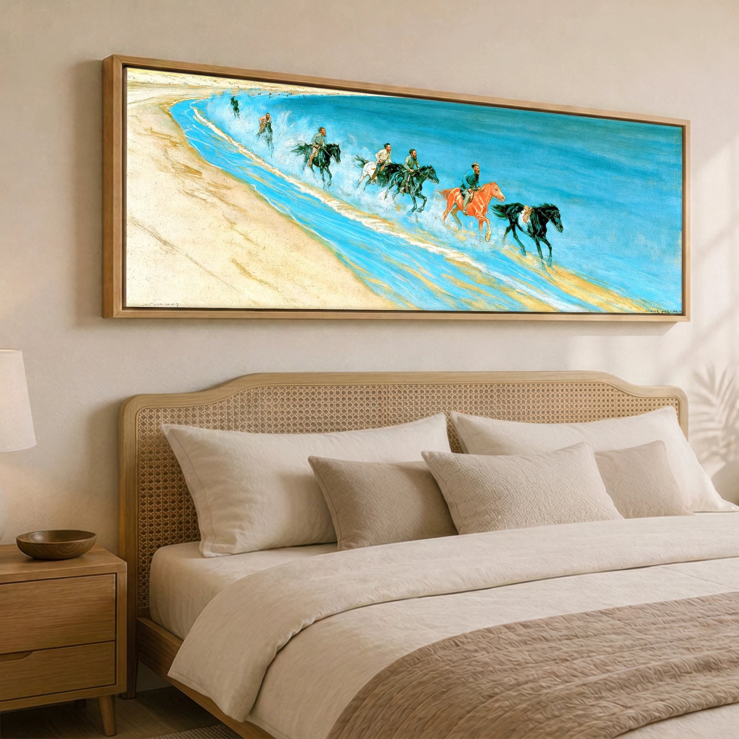 Galloping Through the Surf Beach Horse panoramic canvas wall art displayed above a bed