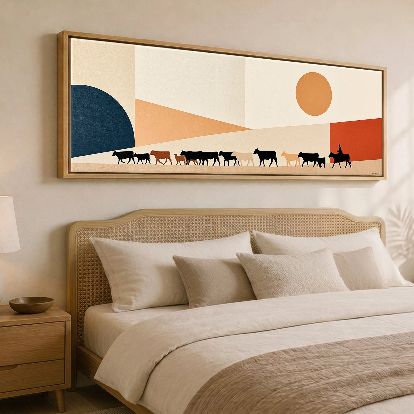 Mid-Century Cattle Drive Western Horse panoramic canvas wall art displayed above a bed