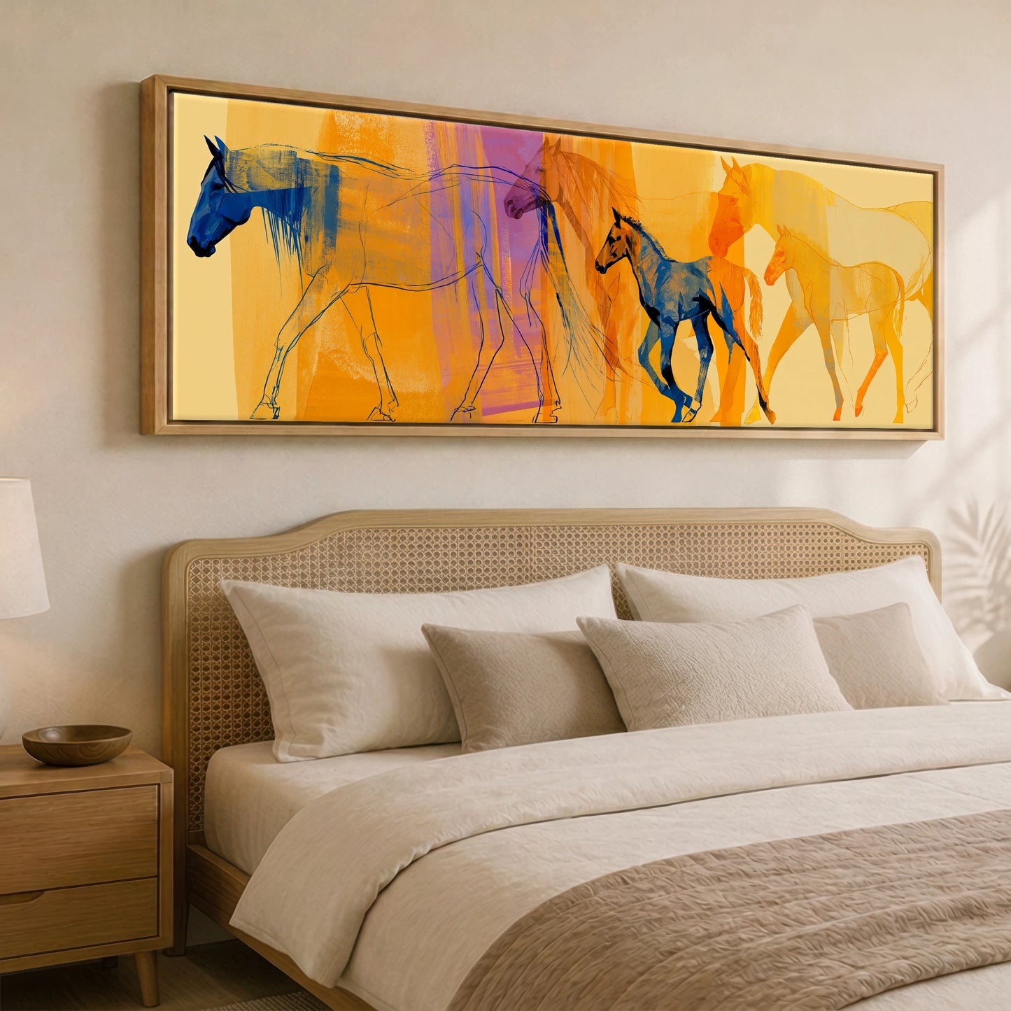 Cobalt and Amber Symphony Mare & Foal panoramic canvas wall art displayed above a bed