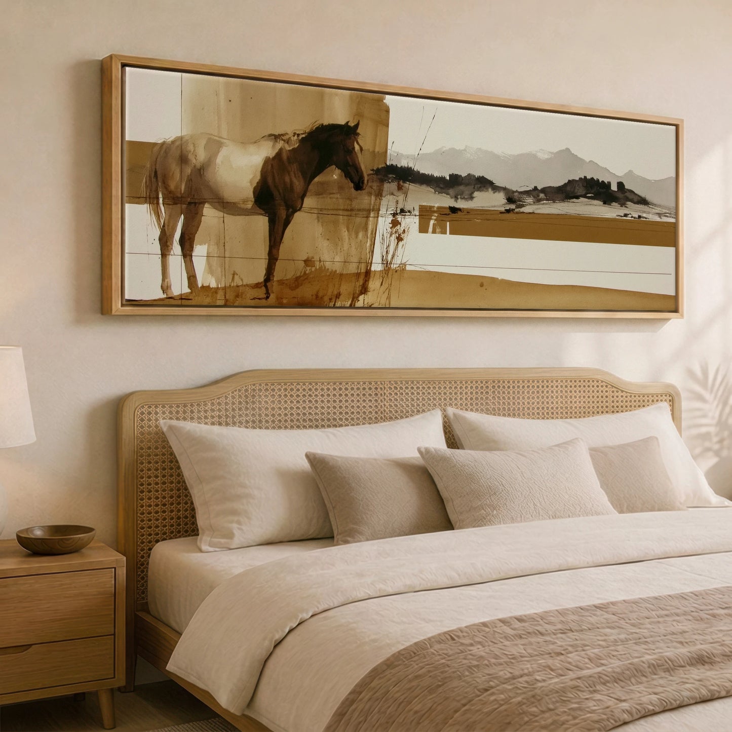 Sepia Horizon Horse Landscape panoramic canvas wall art displayed above a bed