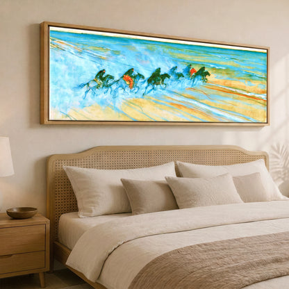 Racing the Tide Beach Horse panoramic canvas wall art displayed above a bed
