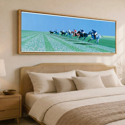 Rhythm of the Chukka Polo Horse panoramic canvas wall art displayed above a bed