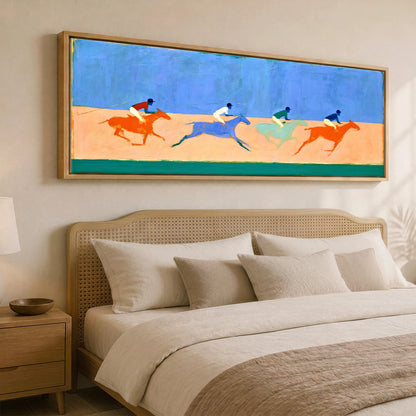 Colours of the Chukka Polo Horse panoramic canvas wall art displayed above a bed