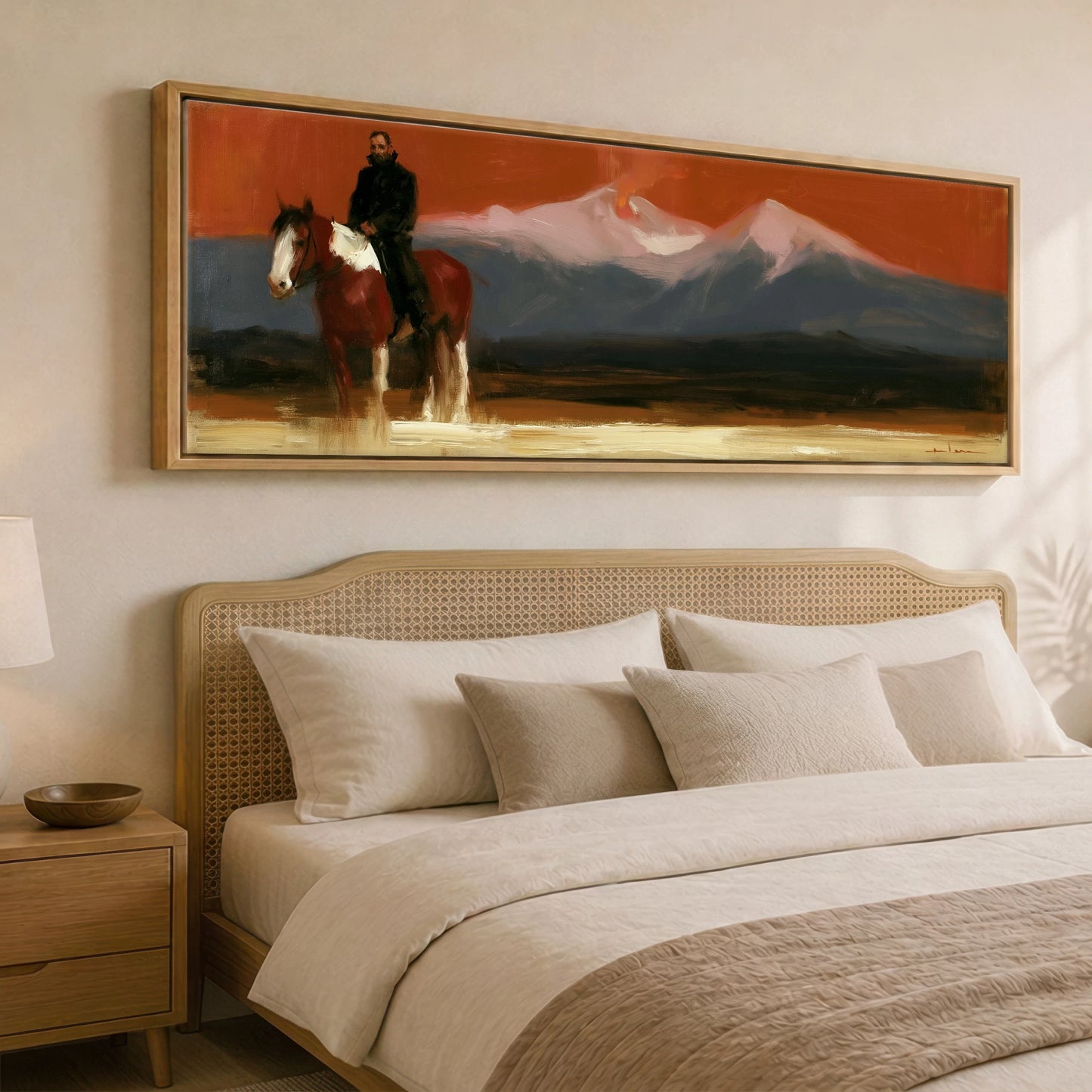 The Vast Horizon Horse Landscape panoramic canvas wall art displayed above a bed