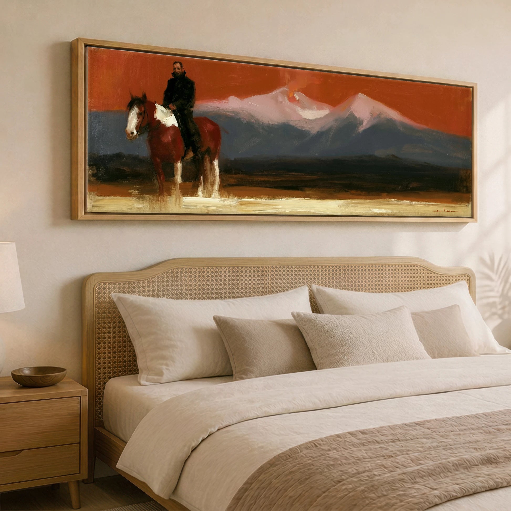 The Vast Horizon Horse Landscape panoramic canvas wall art displayed above a bed