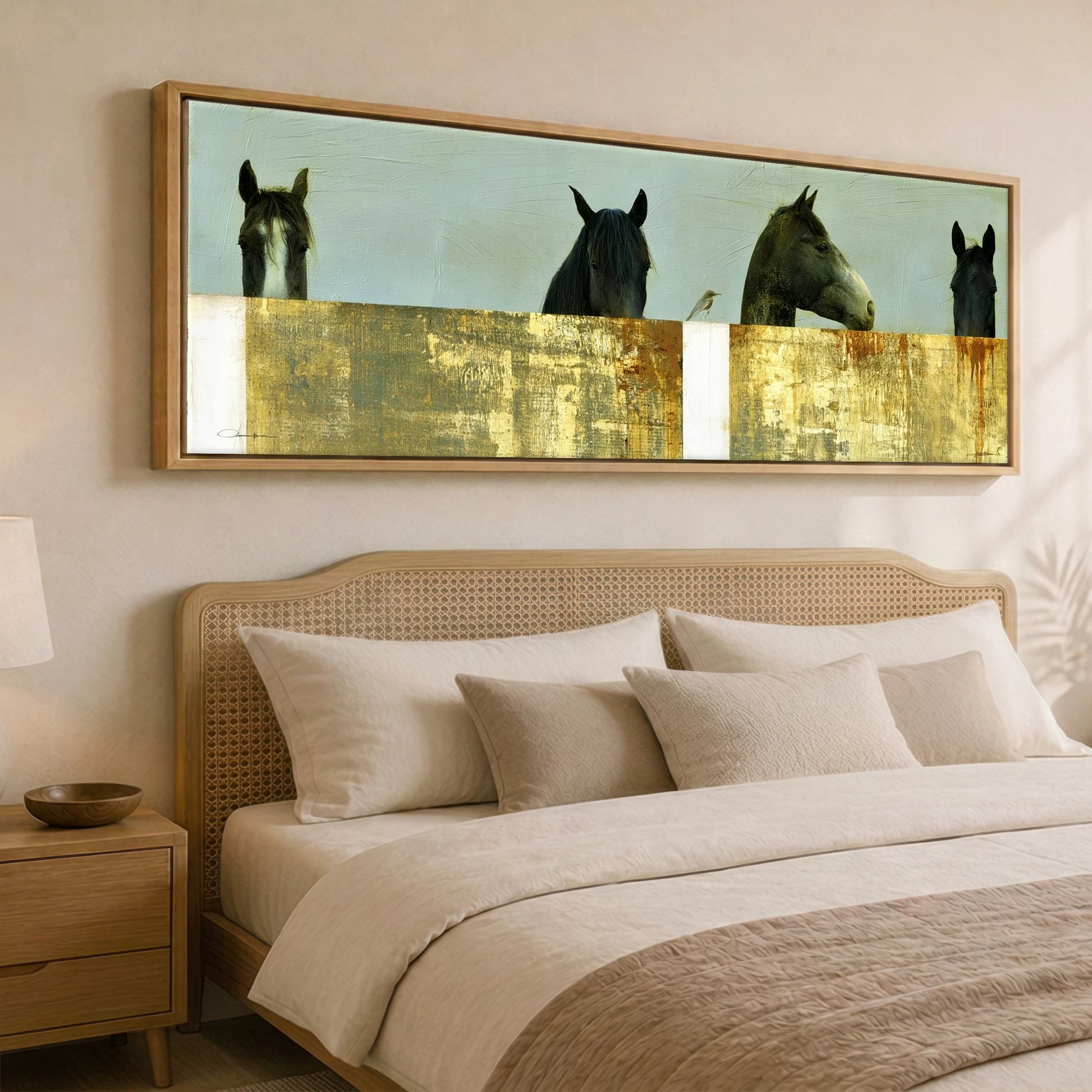 Quiet Observers Horse Stable panoramic canvas wall art displayed above a bed