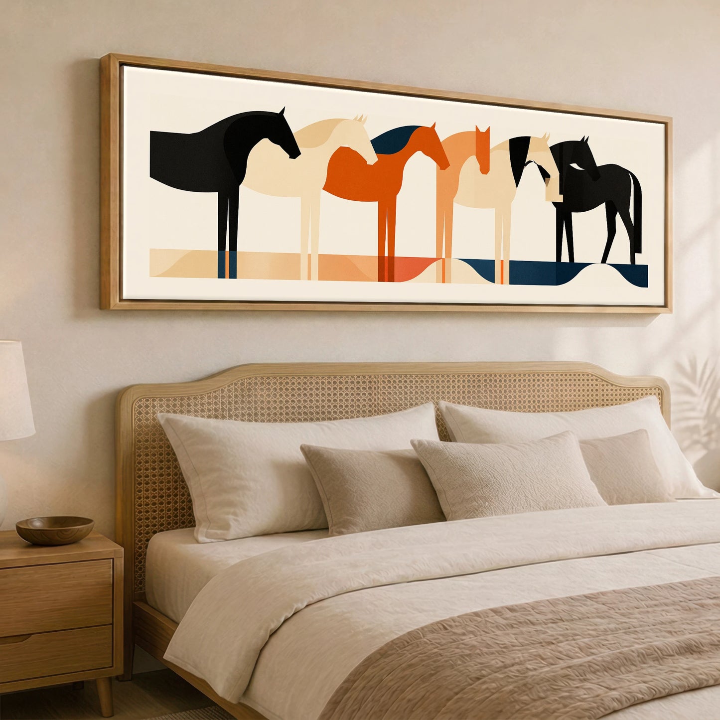Geometric Equine Harmony Wild Horses panoramic canvas wall art displayed above a bed
