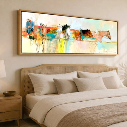 The Working String Working Horse panoramic canvas wall art displayed above a bed